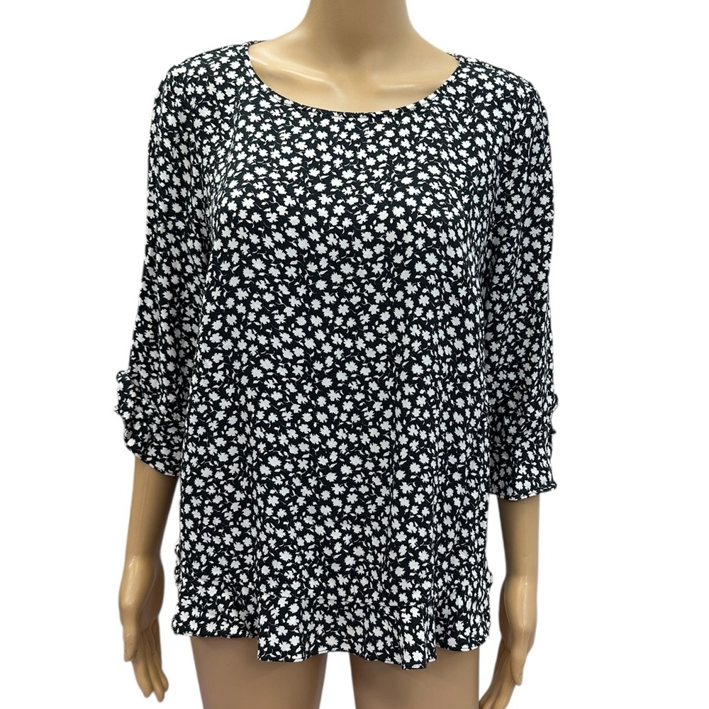 Sussan Black White Floral 3 Quarter Sleeve Textured Ruffled Blouse Top Sz 16